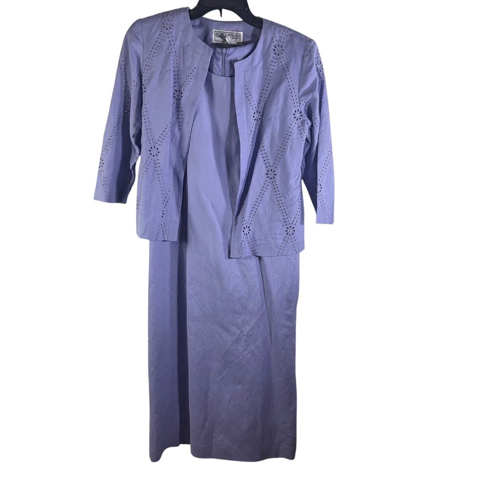 Vtg Jessica Howard 2 Pc Linen Blend Dress Jacket Set Purple Eyelet 6P Formal